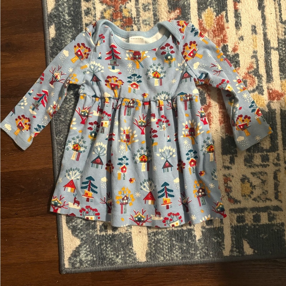 Hanna Andersson Girl’s Blue Treehouse Dress Size12-18 Months Long Sleeve Cotton